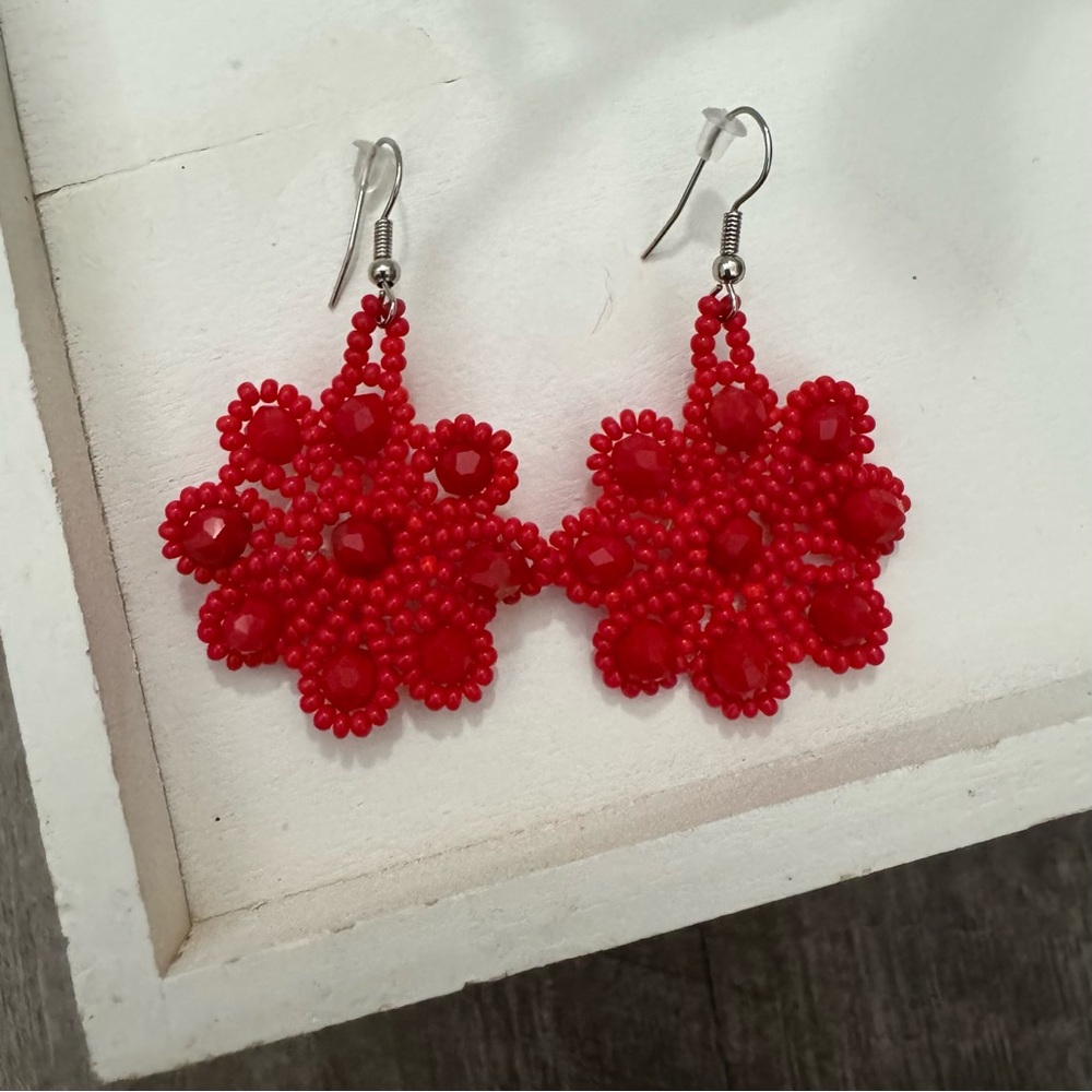 Hand Beaded Red Flower Earrings Colorful Maximalism